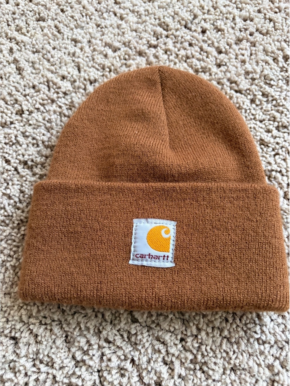 Youth brown Carhartt Watch Hat beanie square logo patch folded cuff one size